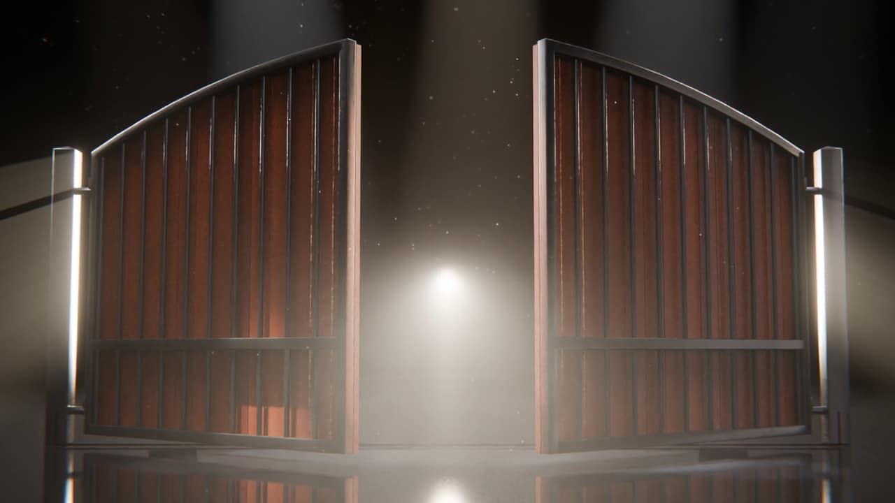 A black steel GateFrames double driveway gate with wood boards, swung open into light