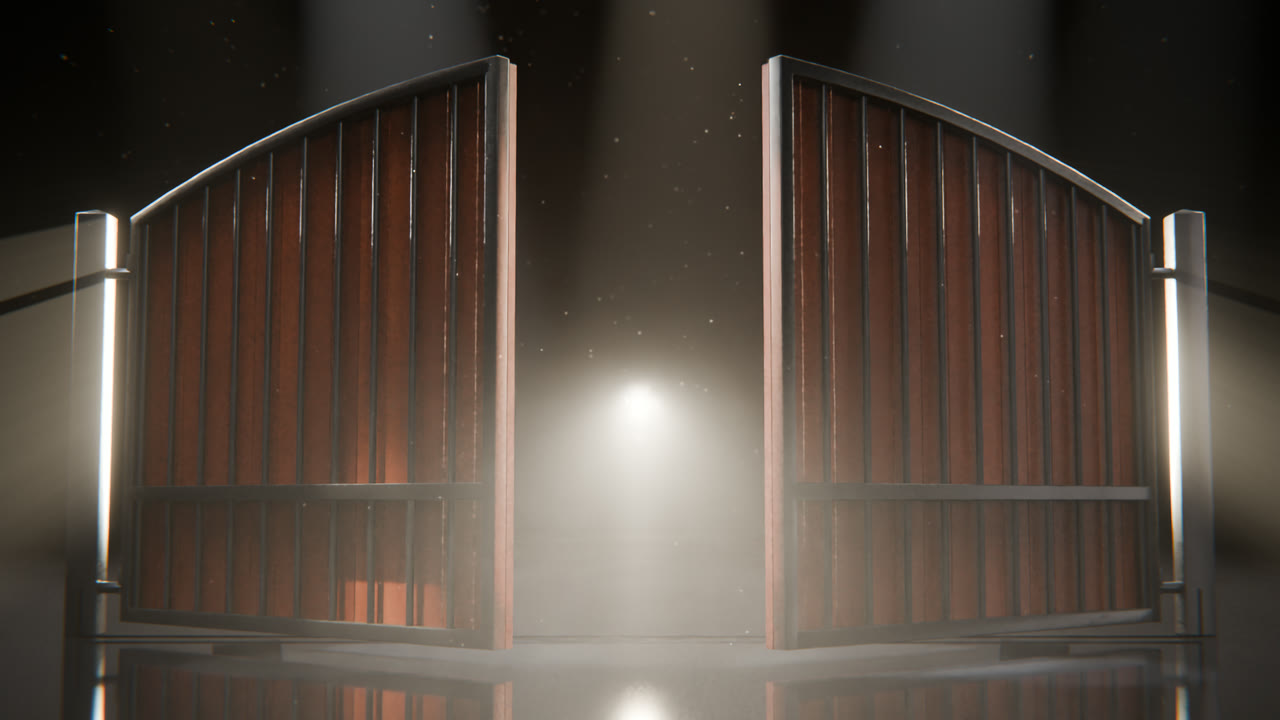 A black steel GateFrames double driveway gate with wood boards, swung open into light