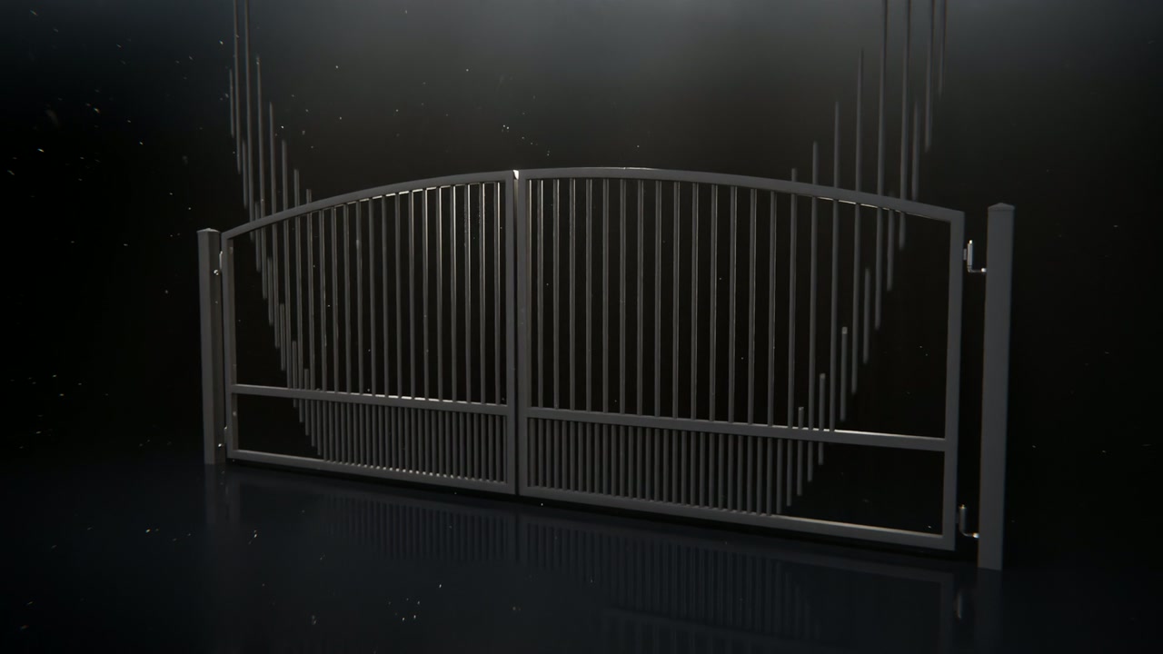 A black satin GateFrames driveway gate on a reflective floor